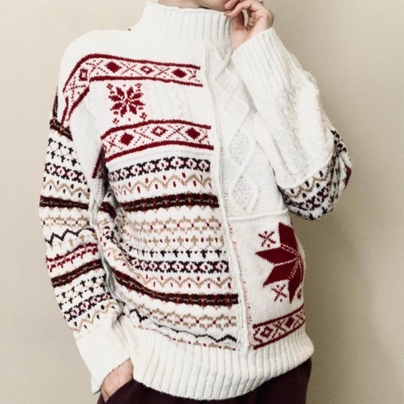 American Eagle AE Chunky Sweater Medium Soft Mock Neck Fair Isle Holiday Red NWT - Picture 2 of 16